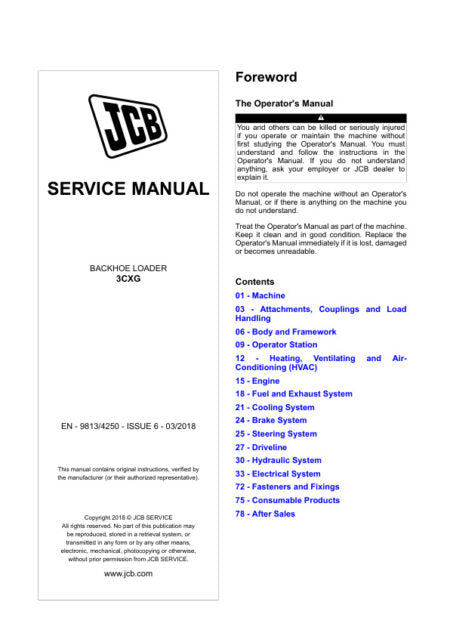 JCB 3CXG Backhoe Loader Service Manual 9813-4250 – PDF Download