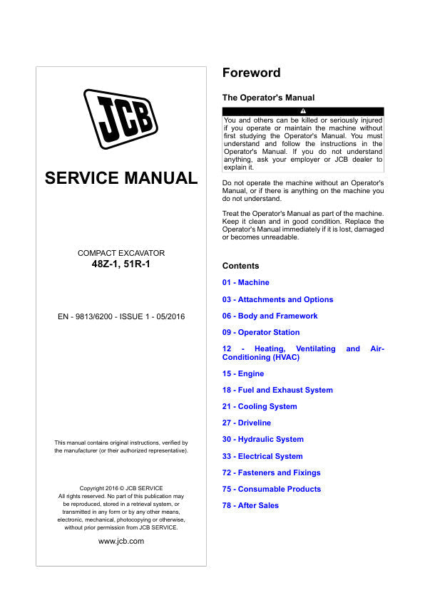 JCB 48Z-1 & 51R-1 Compact Excavator Service Manual - 9813/6200