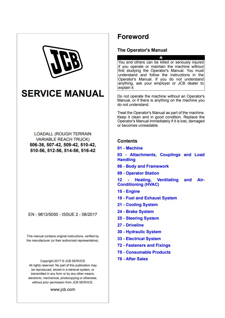 JCB 506-36, 507-42, 509-42, 510-42, 510-56, 512-56, 514-56, 516-42 Loadall Service Manual 9813/5050 PDF Download