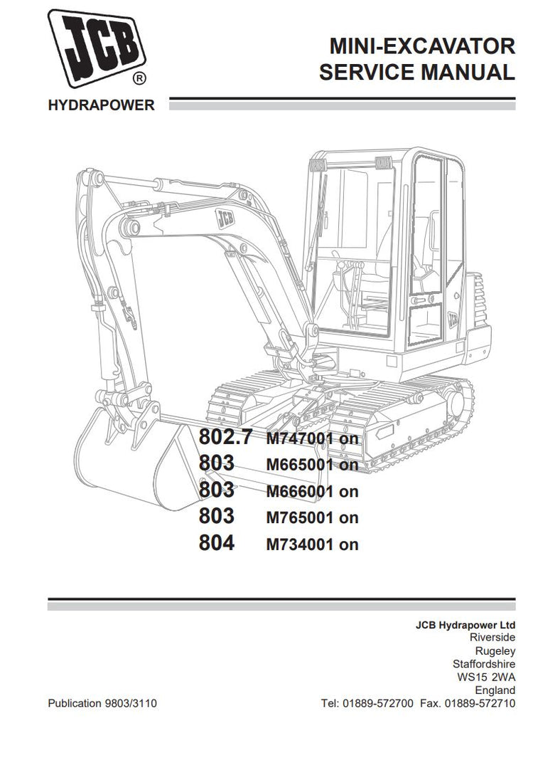 JCB 802.7, 803 & 804 Mini Excavator Service Manual – 9803/3110