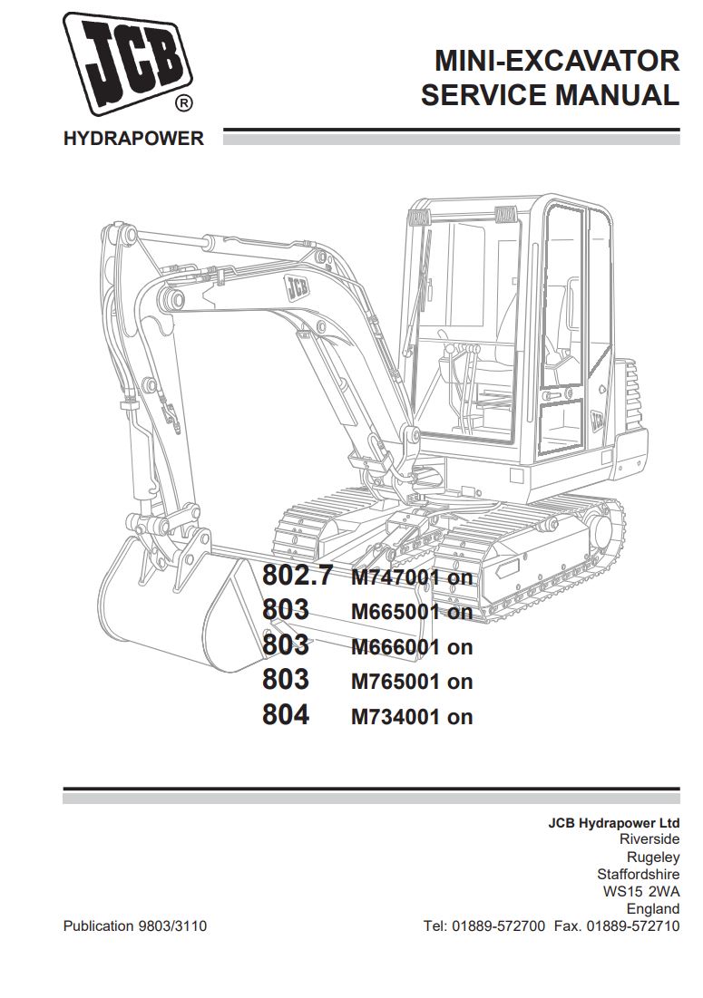 JCB 802.7, 803 & 804 Mini Excavator Service Manual 9803/3110 PDF
