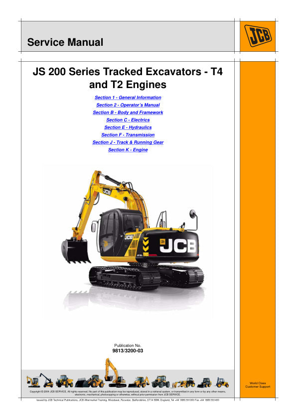 JCB JS115, JS130, JS145, JS160, JS180, JS190, JS200, JS210, JS220 & JS235 Excavator Service Manual – 9813/3200-03