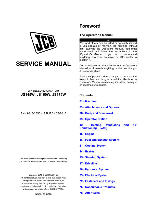 JCB JS145W, JS160W & JS175W Excavator Service Manual – 9813/2650