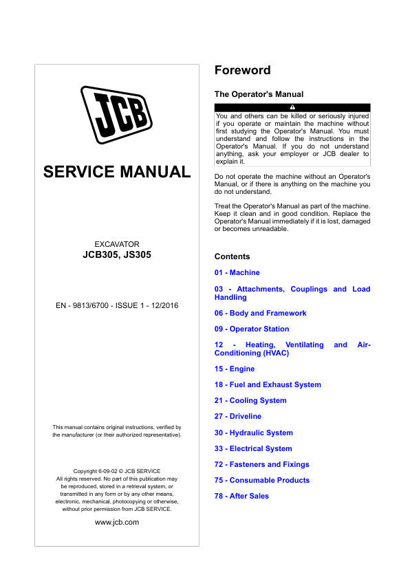 JCB JS300, JS330 & JS370 Excavator Service Manual – 9813/7500