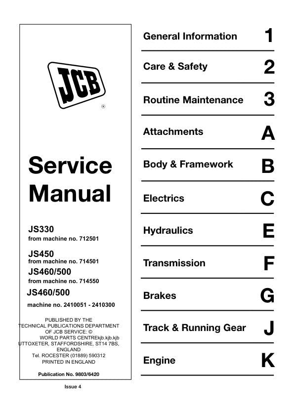 JCB JS330, JS450, JS460, JS500 Excavator Service Manual 9803/6420