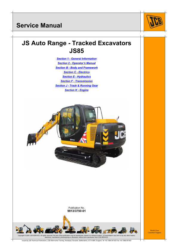 JCB JS85 AUTO RANGE Tracked Excavator Service Manual – 9813/3750-01
