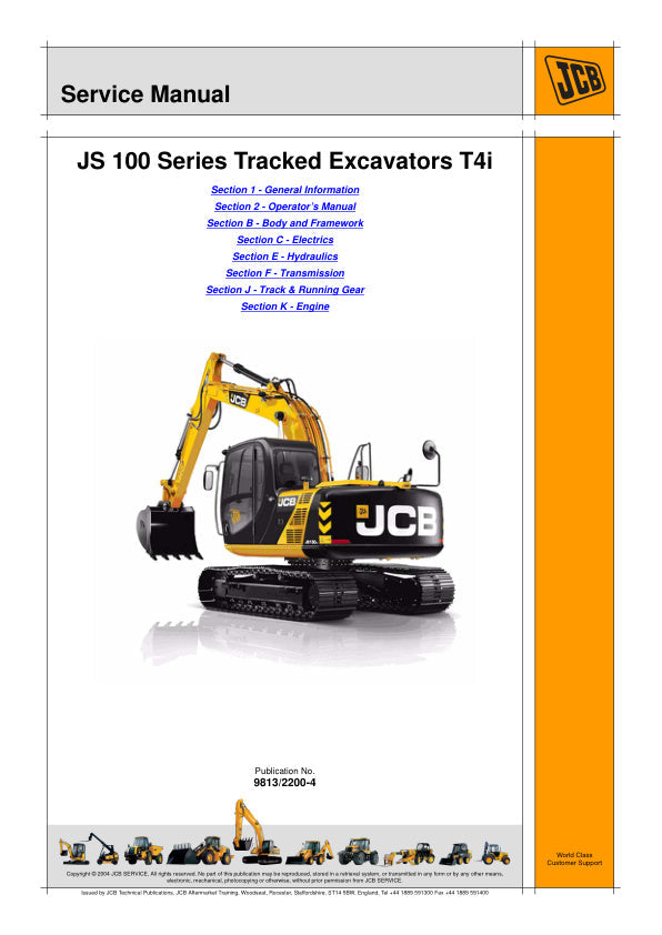 JCB JS Series Excavator Service Manual – JS100 T4i, JS115, JS130, JS145, JS160, JS180, JS190, JS200, JS210, JS220, JS235 & JS330 – 9813/2200-4
