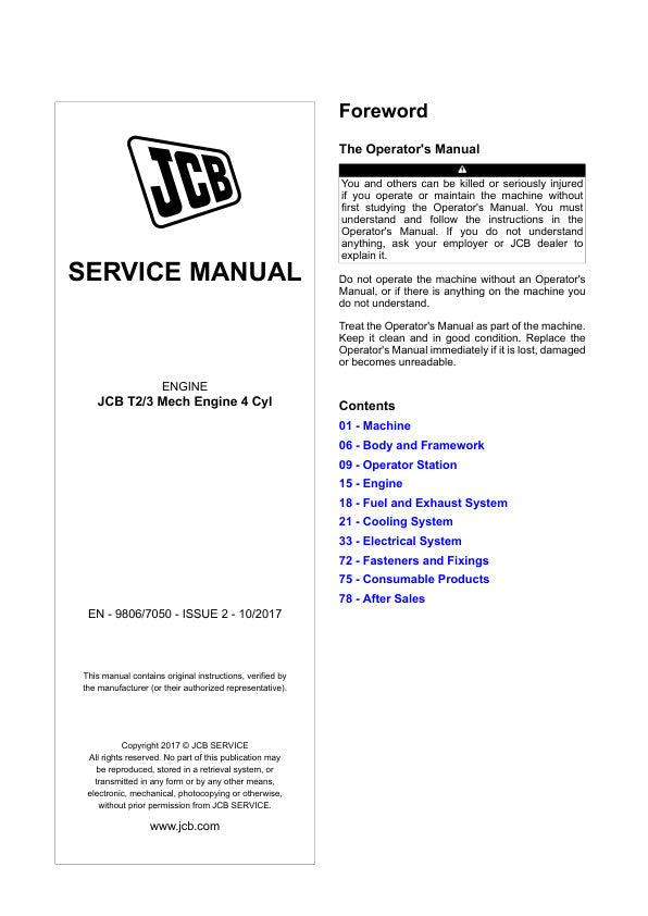 JCB T2, T3 Mechanical Engine 4 Cylinder Service Manual 9806/7050 PDF
