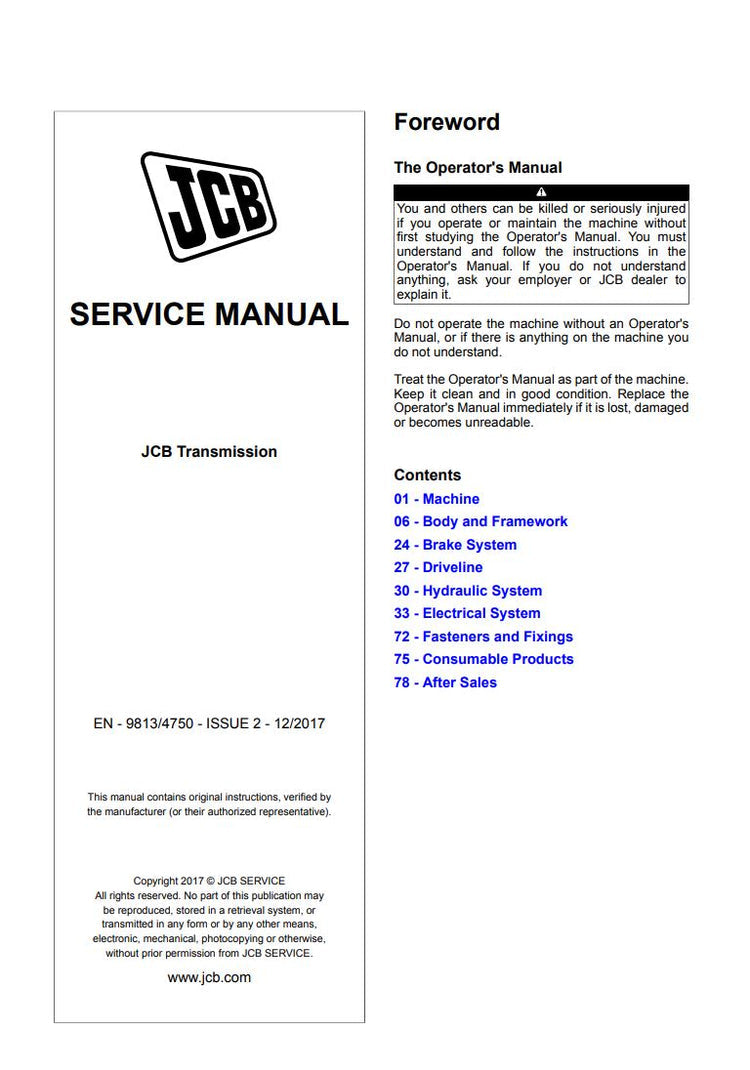JCB Transmission Loader Service Manual for PS750 MK4, PS760 & PS766 – 9813/4750 PDF File