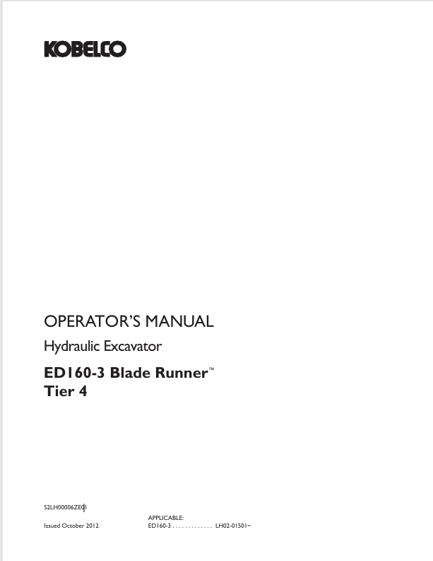 KOBELCO ED160-3 TIER 4 HYDRAULIC EXCAVATOR (S2LH00006ZE01) OPERATOR MANUAL - PDF FILE