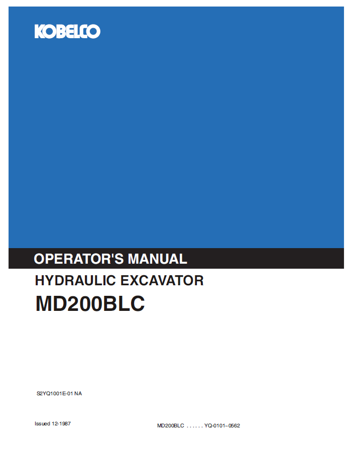 Kobelco Hydraulic Excavator MD200BLC Operator Manual – Complete Guide