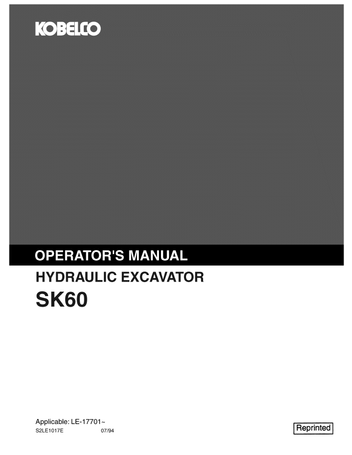 KOBELCO HYDRAULIC EXCAVATOR SK60 (RE) OPERATOR MANUAL
