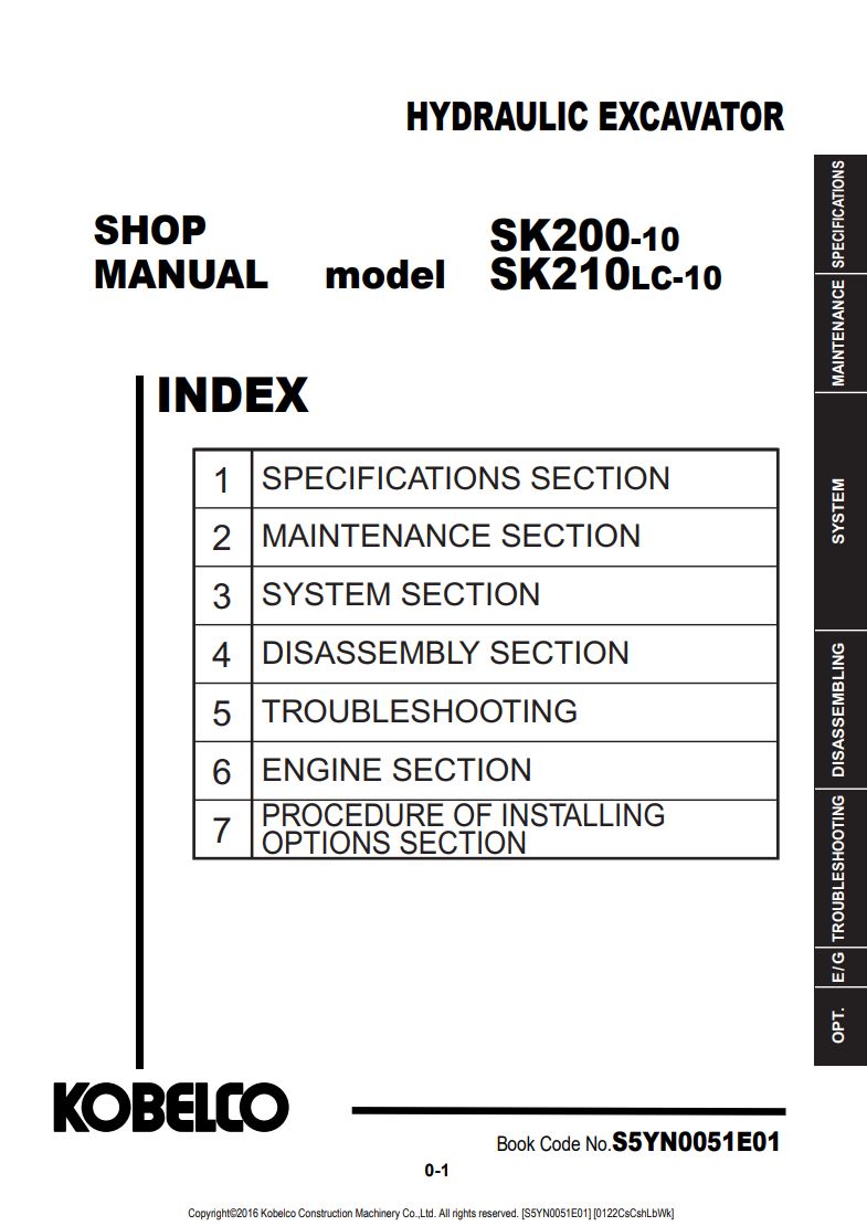 KOBELCO SK200-10 & SK210LC-10 Hydraulic Excavator Shop Manual S5YN0051E01 PDF Download