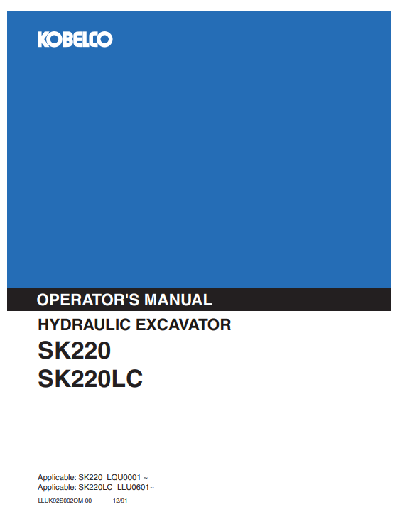 SK220 SK220LC Hydraulic Excavator Operator PDF LLUK92S002OM-00