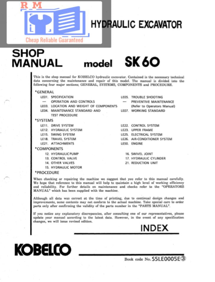 KOBELCO SK60 Hydraulic Excavator Service Manual S5LE0005E PDF Download