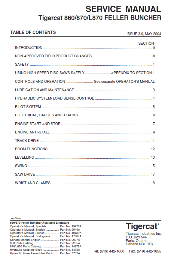 TIGERCAT L870 FELLER BUNCHER SERVICE MANUAL (870T0130-87021499) - PDF FILE DOWNLOAD