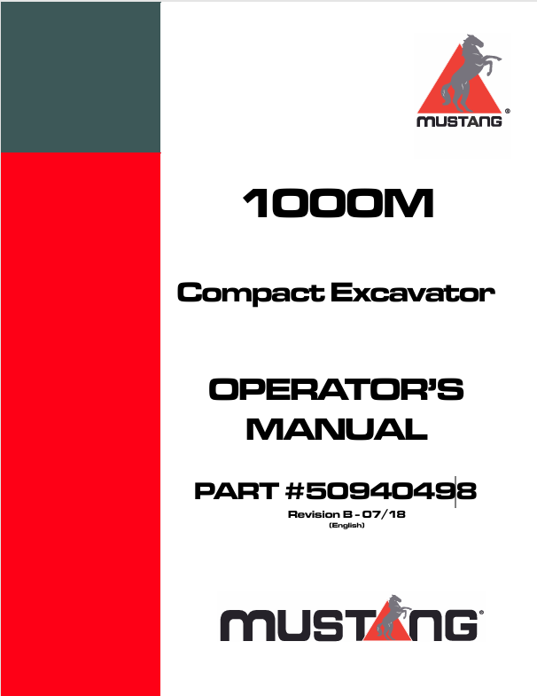 MUSTANG 1000M Compact Excavator (50940498) Operator's Manual PDF File