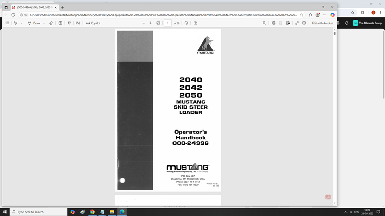 MUSTANG 2040, 2042, 2050 Skid Steer Loader (000-24996) Operator's Manual PDF