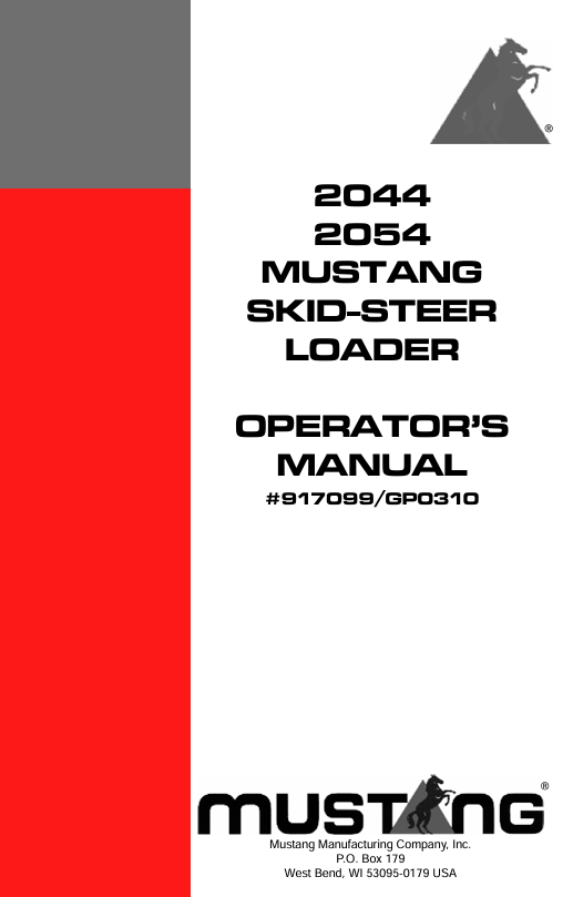 MUSTANG 2044, 2054 Skid Steer Loader (917099) Operator's Manual PDF File