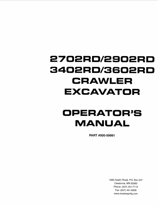 MUSTANG 2702RD 2902RD 3402RD 3602RD Crawler Excavator Operator's Manual PDF (000-59991)