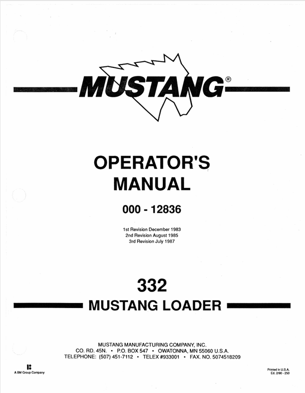 MUSTANG 332 Loader (000-12836) Operator's Manual PDF