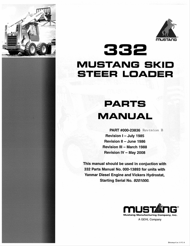 MUSTANG 332 Skid Steer Loader (000-23836) Parts Manual PDF Download