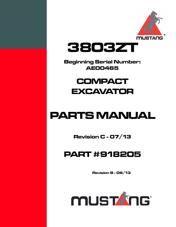 MUSTANG 3803ZT Compact Excavator (918205) Parts Manual PDF File