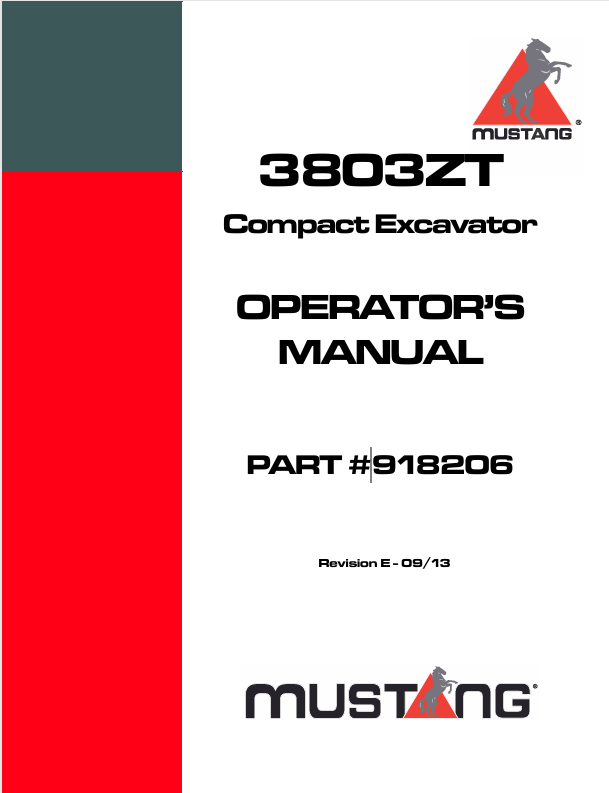 Mustang 3803ZT Compact Excavator 918206 Operator's Manual PDF Download