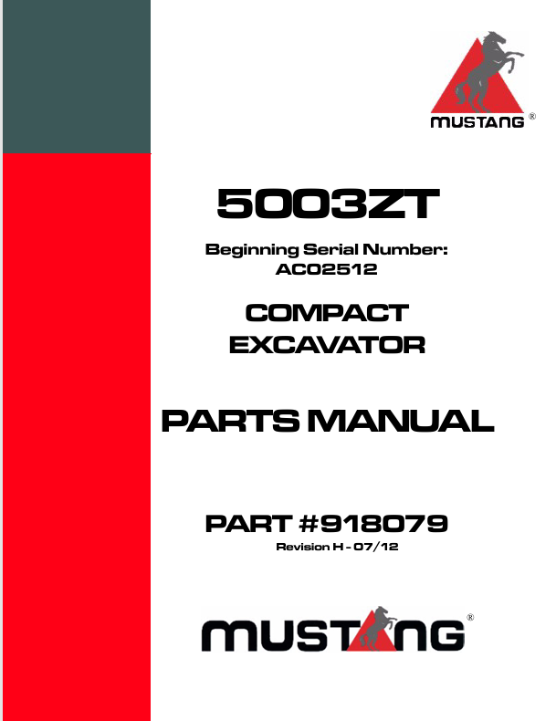 MUSTANG 5003ZT Compact Excavator (918079) Parts Manual PDF Download