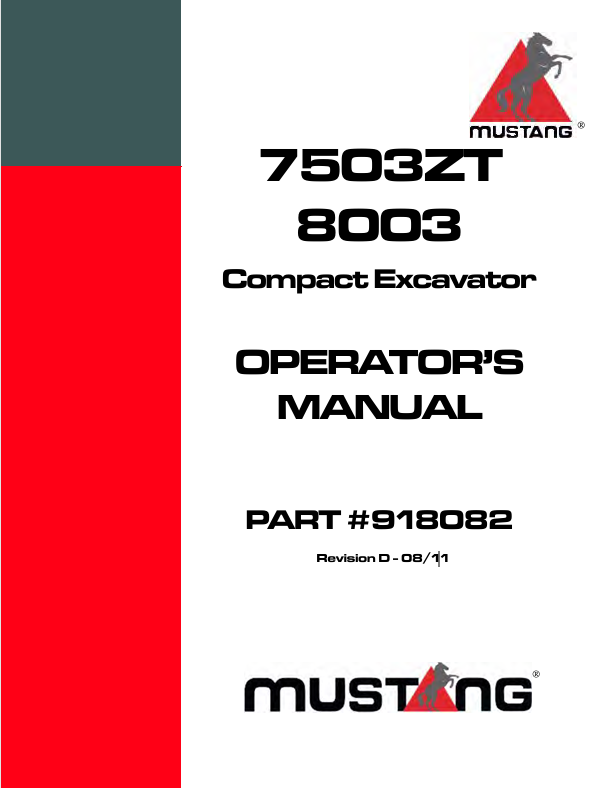 Mustang 7503ZT & 8003 Compact Excavator 918082 Operator’s Manual PDF Download
