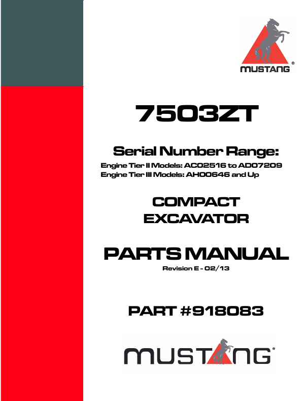 Mustang 7503ZT Compact Excavator (918083) Parts Manual PDF Download