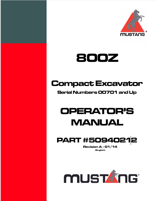 MUSTANG 800Z Compact Excavator (50940212) Operator's Manual PDF File