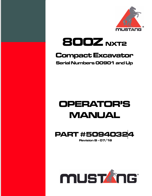 MUSTANG 800Z Compact Excavator (50940324) Operator's Manual PDF