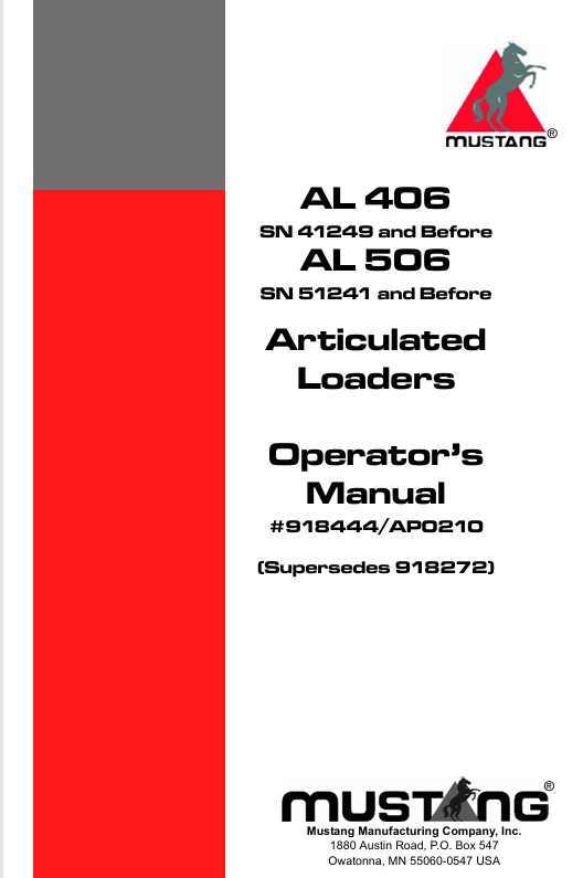 Mustang AL 406 & AL 506 Articulated Loaders 918444A Operator's Manual PDF
