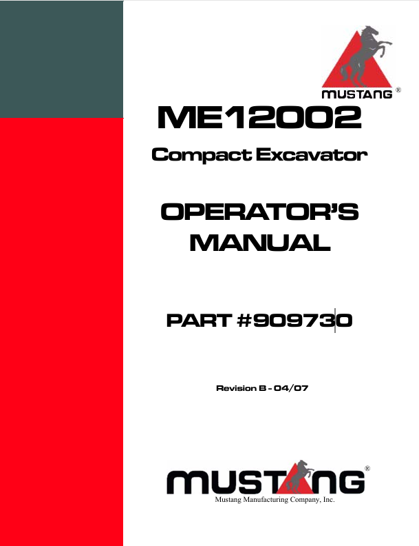 Mustang ME12002 Compact Excavator (909730) Operator’s Manual PDF Download
