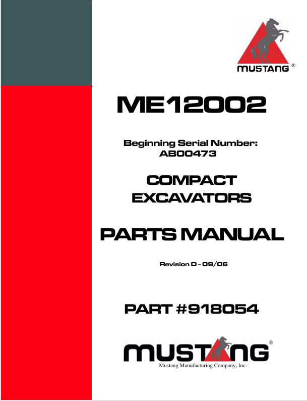 MUSTANG ME12002 Compact Excavator (918054) Parts Manual PDF Download