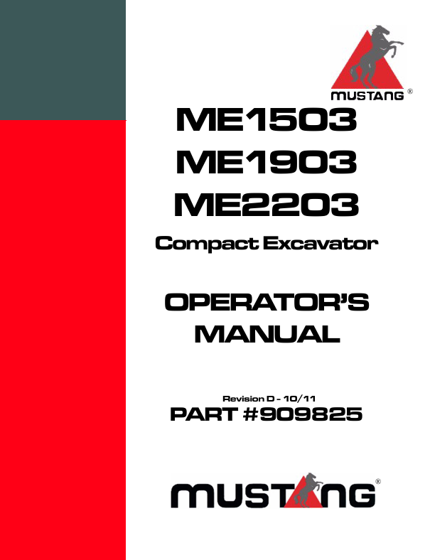 Mustang ME1503 ME1903 ME2203 Compact Excavator Operator's Manual PDF (909825)