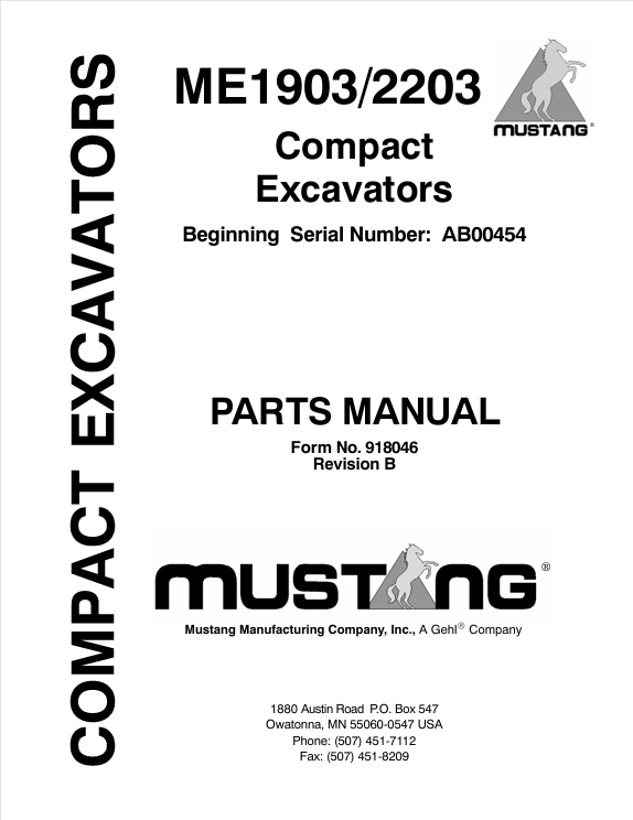 MUSTANG ME1903, 2203 Compact Excavators (918046) Parts Manual PDF File