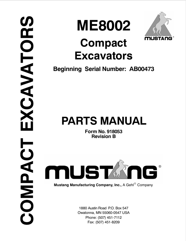 Mustang ME8002 Compact Excavators (918053) Parts Manual PDF File