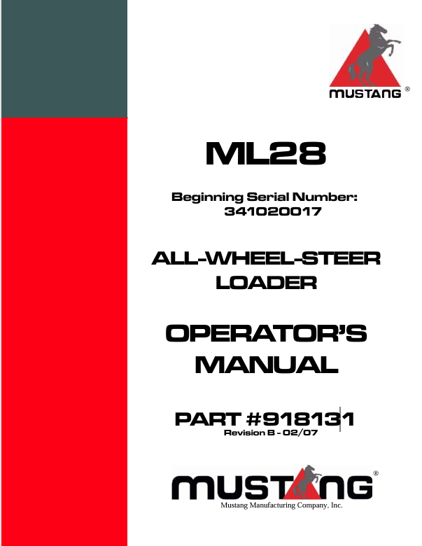 Mustang ML28 All Wheel Steer Loader (918131) Operator’s Manual PDF Download