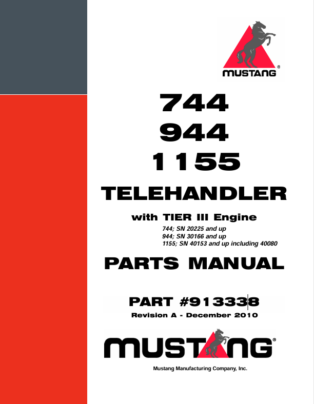 Mustang Telehandler 744, 944, 1155 (913338) Parts Manual