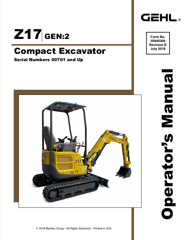 MUSTANG Z17 COMPACT EXCAVATOR (50940306B) OPERATOR'S MANUAL