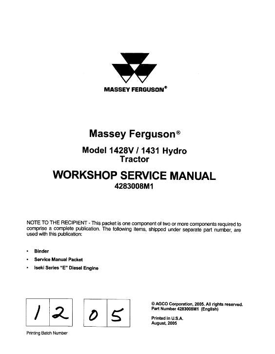 Massey Ferguson 1428V & 1431 Hydro Tractor Service Repair 4283008M1 PDF