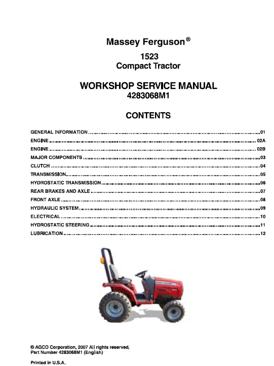 Massey Ferguson 1523 Compact Tractor Service Repair 4283068M1 PDF