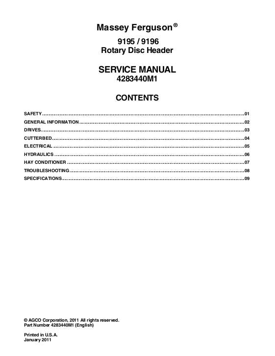 Massey Ferguson 9195, 9196 Rotary Disc Header Workshop Service Repair - PDF