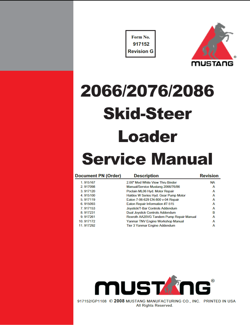 Mustang 2066, 2076, 2086 Skid Steer Loader Service Repair Manual 917292 – PDF Download