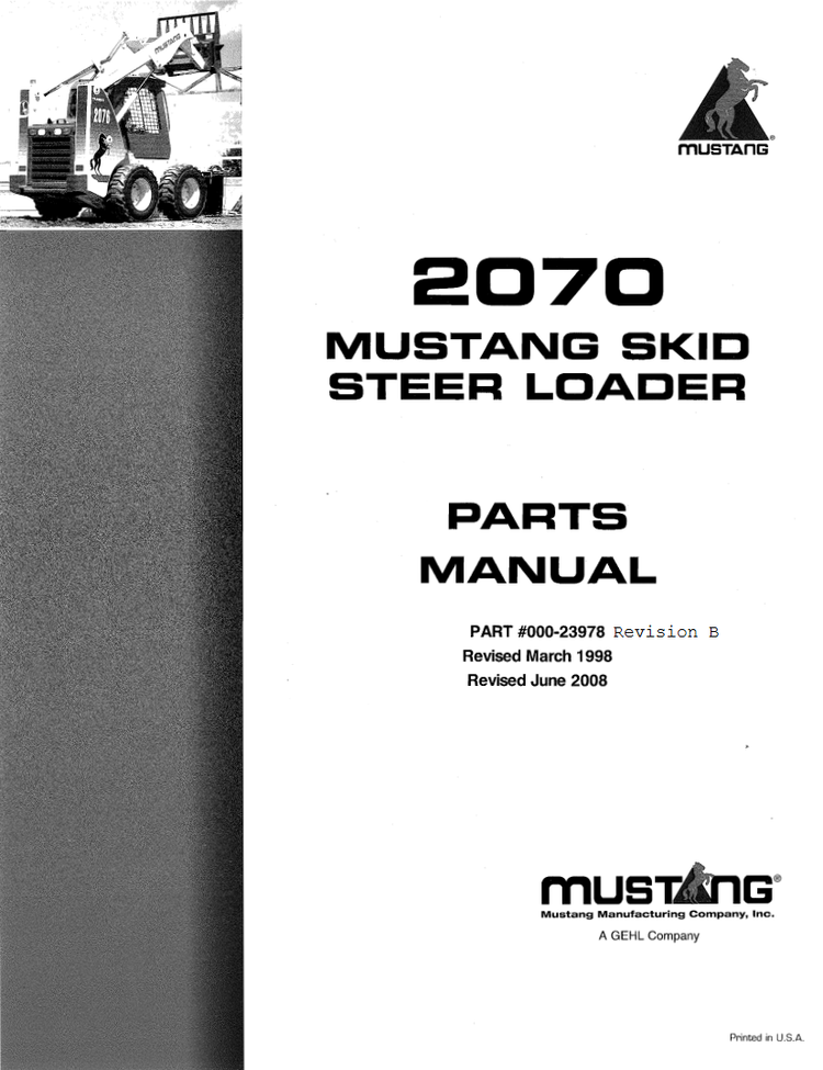 Mustang Skid Steer Loader 2070 Parts Catalog Manual (000-23978B)