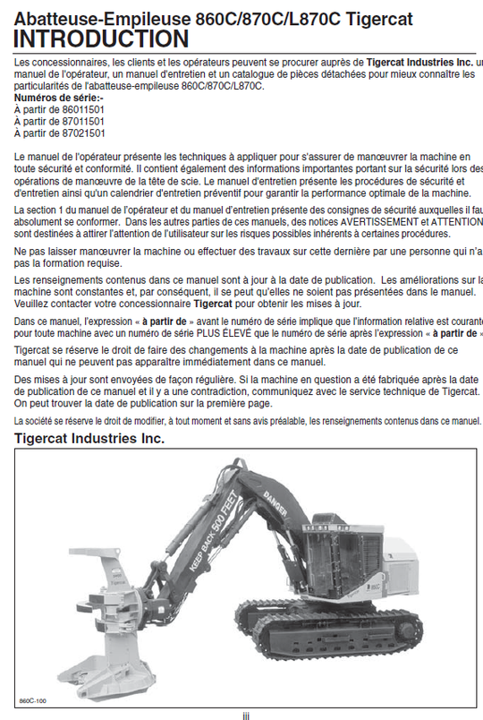 TIGERCAT L870C FELLER BUNCHER OPERATOR/USER MANUAL (87021501-87023500, 87021501-87022100)