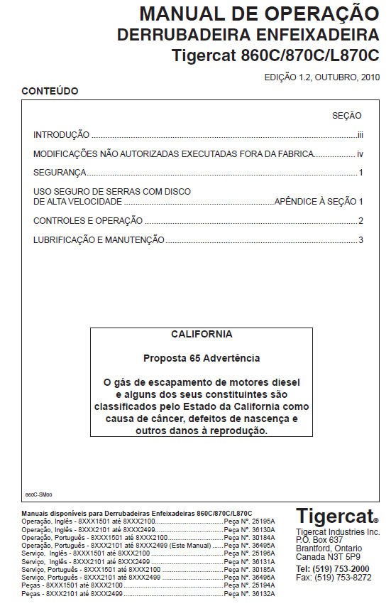 TIGERCAT L870C FELLER BUNCHER OPERATOR/USER MANUAL (87021501-87023500, 87022101-87022499)
