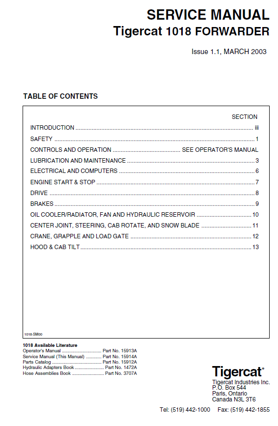 TIGERCAT 1018 FORWARDER SERVICE REPAIR MANUAL (10180101-10180499)